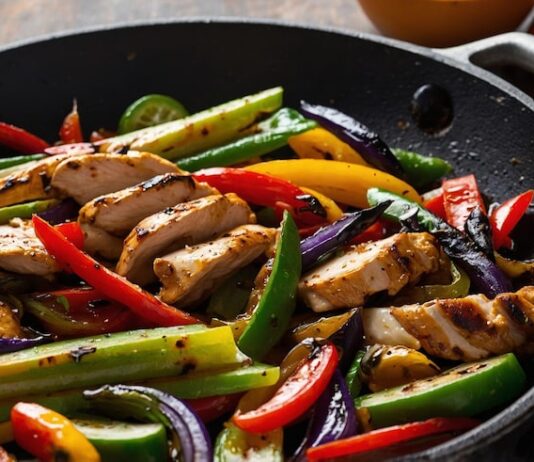 Грудка куриная тушеная с овощами на сковороде