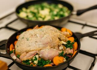 Тушёная капуста с курицей на сковороде