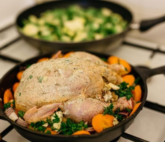 Тушёная капуста с курицей на сковороде