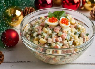 Оливье с красной рыбой и свежим огурцом