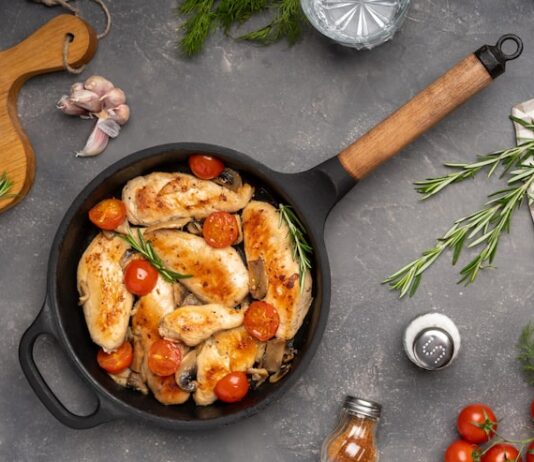 Курица с морковью и луком на сковороде