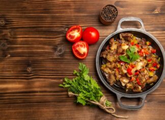 Мясо с луком в подливке на сковороде